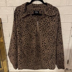 YPB Women’s Brown Leopard Half-Zip Pullover Sweatshirt